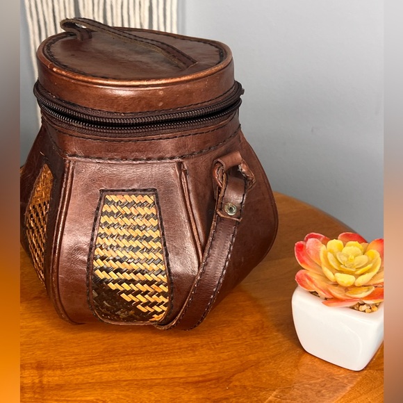 Leather & Rattan CrossBody Bucket Bag - Picture 11 of 13